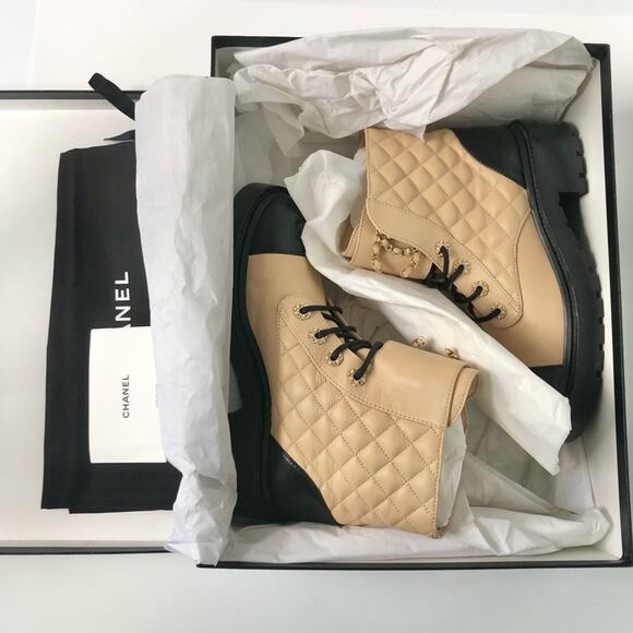 Chanel Quilted CC Chain Brave Lambskin Calfskin Cap Toe Combat Short Boots 37 - Picture 11 of 12
